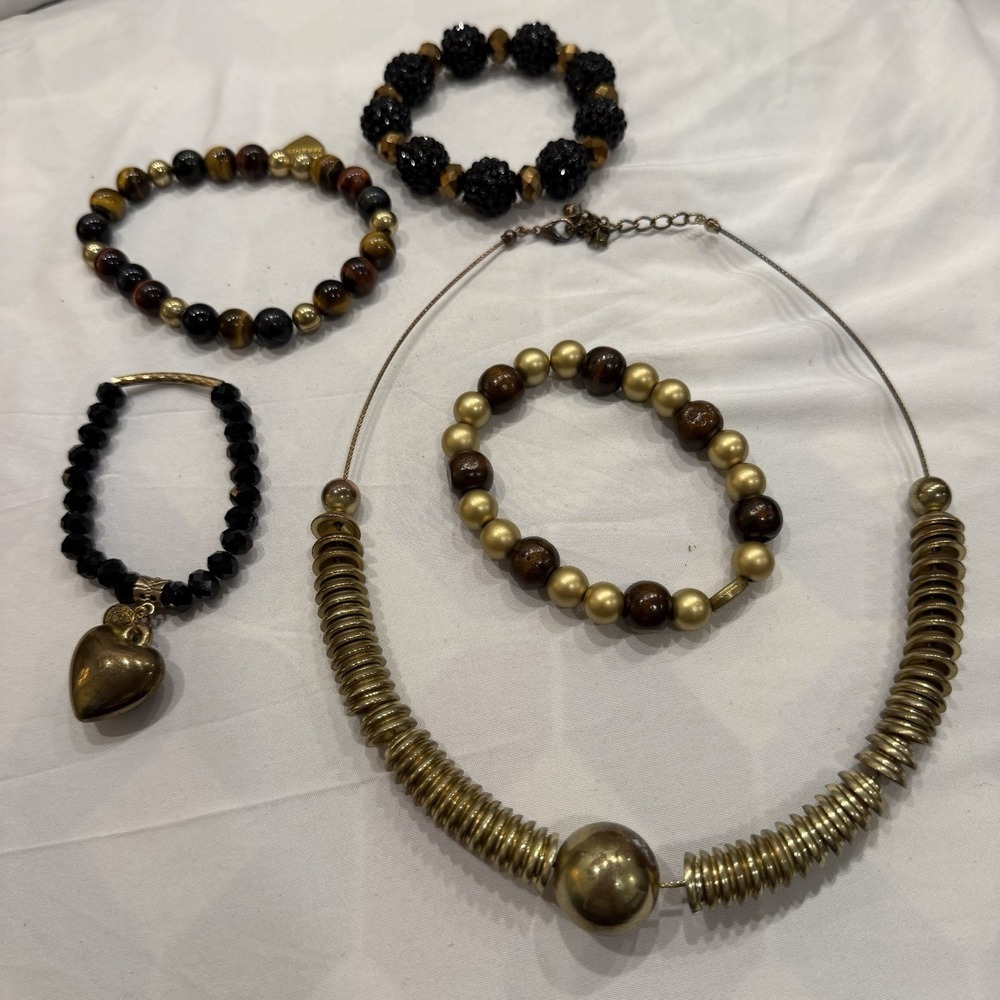 Brass Tone Jewelry Lot Necklace Bracelets Gold Tone Beaded Stretch Statement Set